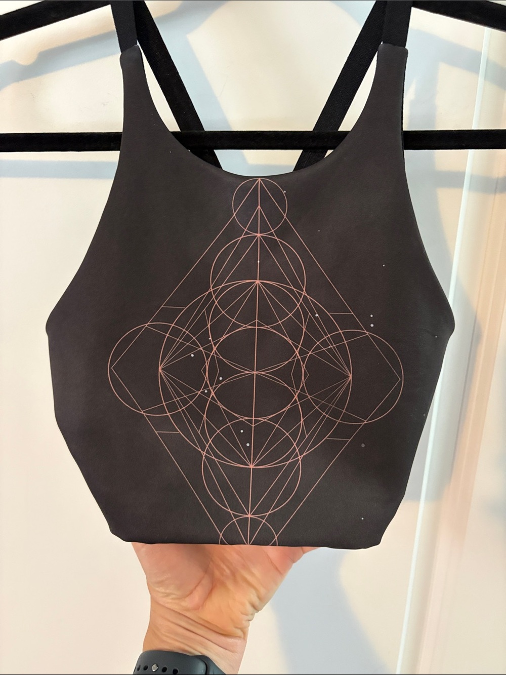 Onzie Black Crop Bralette with Rose-Gold Geometric flow Print